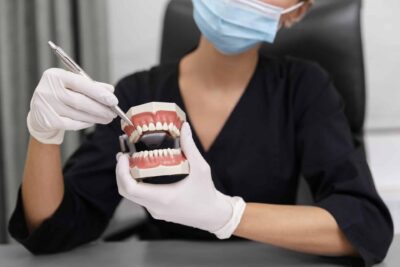 A dentist in a mask and gloves demonstrates dental care using a model of teeth and a tool in a clinical setting, conveying professionalism and hygiene.